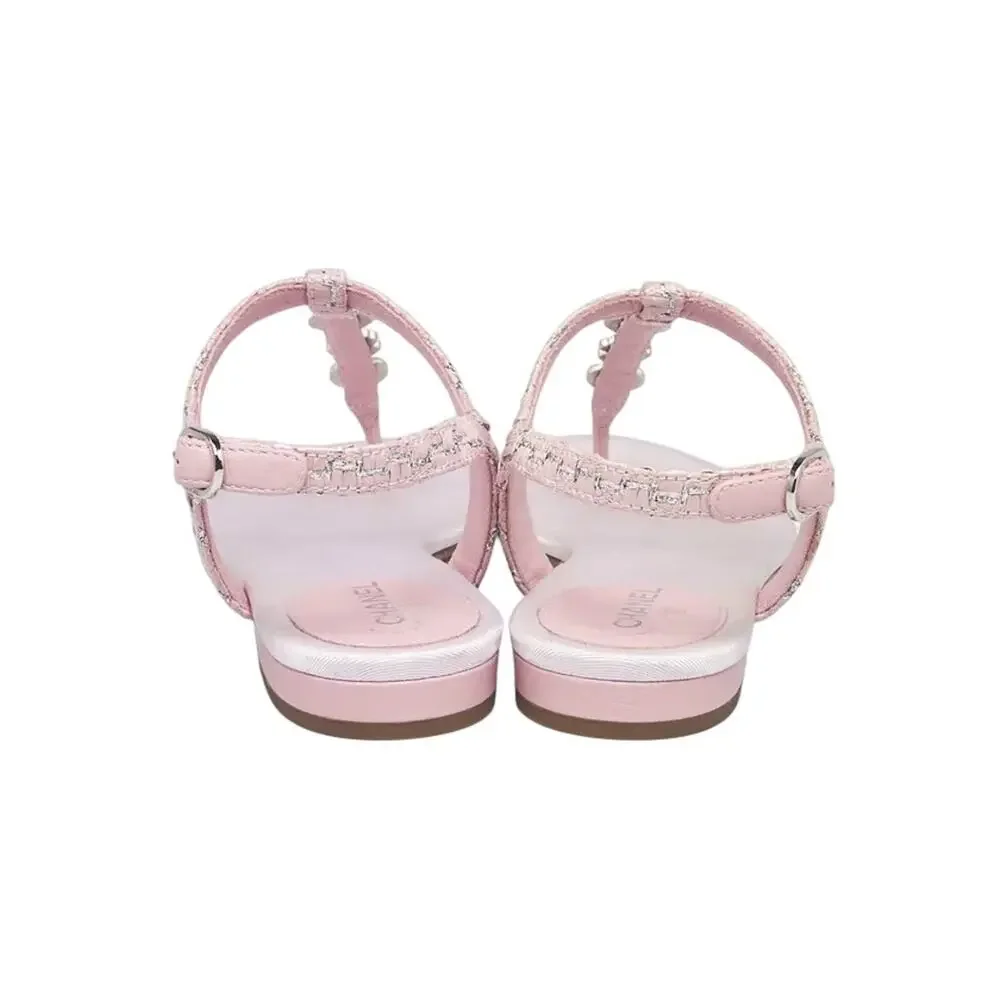 Chanel Pink Metallic Tweed CC Charm T-Strap Thong Sandals Size 37.5